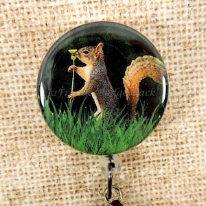 Squirrel Badge Reel: Acorn Charm, Woodland Animal ID Holder