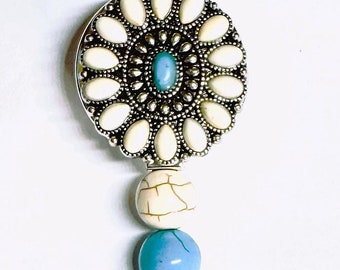 White Turquoise Badge Reel: Western Boho ID Holder