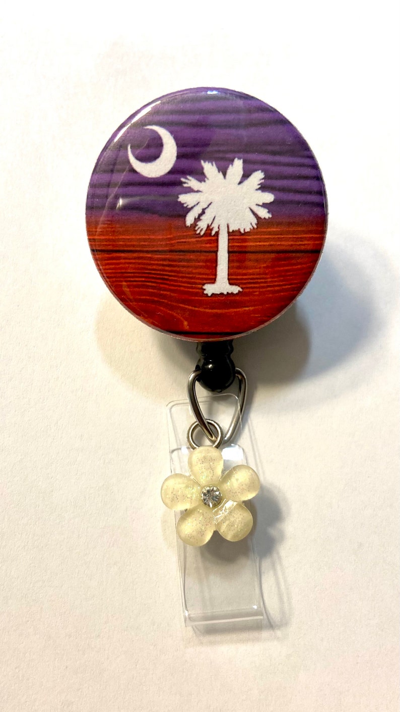 Palm Tree, Beach, Ocean, Night at the Beach, Moon, Palmetto Tree Retractable Badge Reel, ID Badge Holder, Key Holder, Mask Holder, Carabiner 1) Orange*Purple/YES