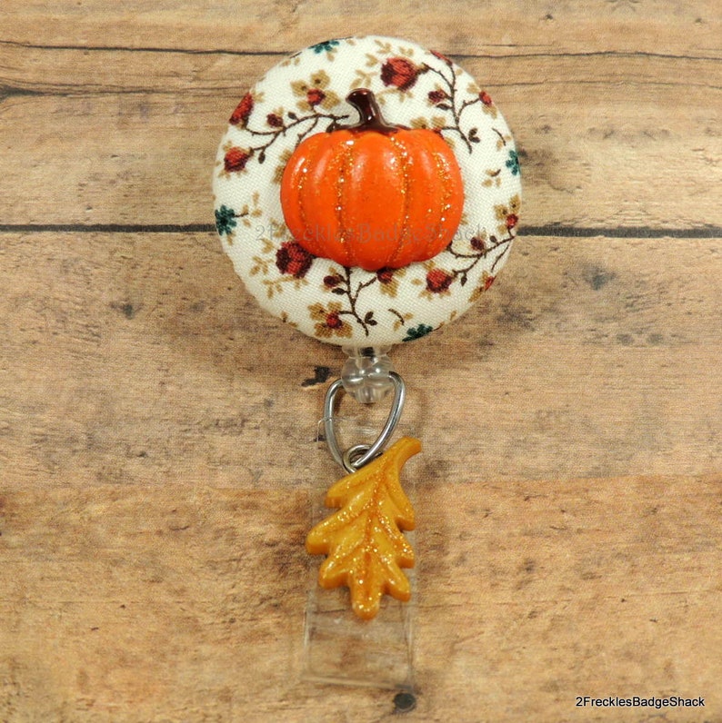 Pumpkin Patch Retractable Badge Reel, Autumn Badge Reel, Fall ID Badge Holder, Halloween Badge, Key Holder 2 Color Choices, Mask Holder Cream/mustard leaf