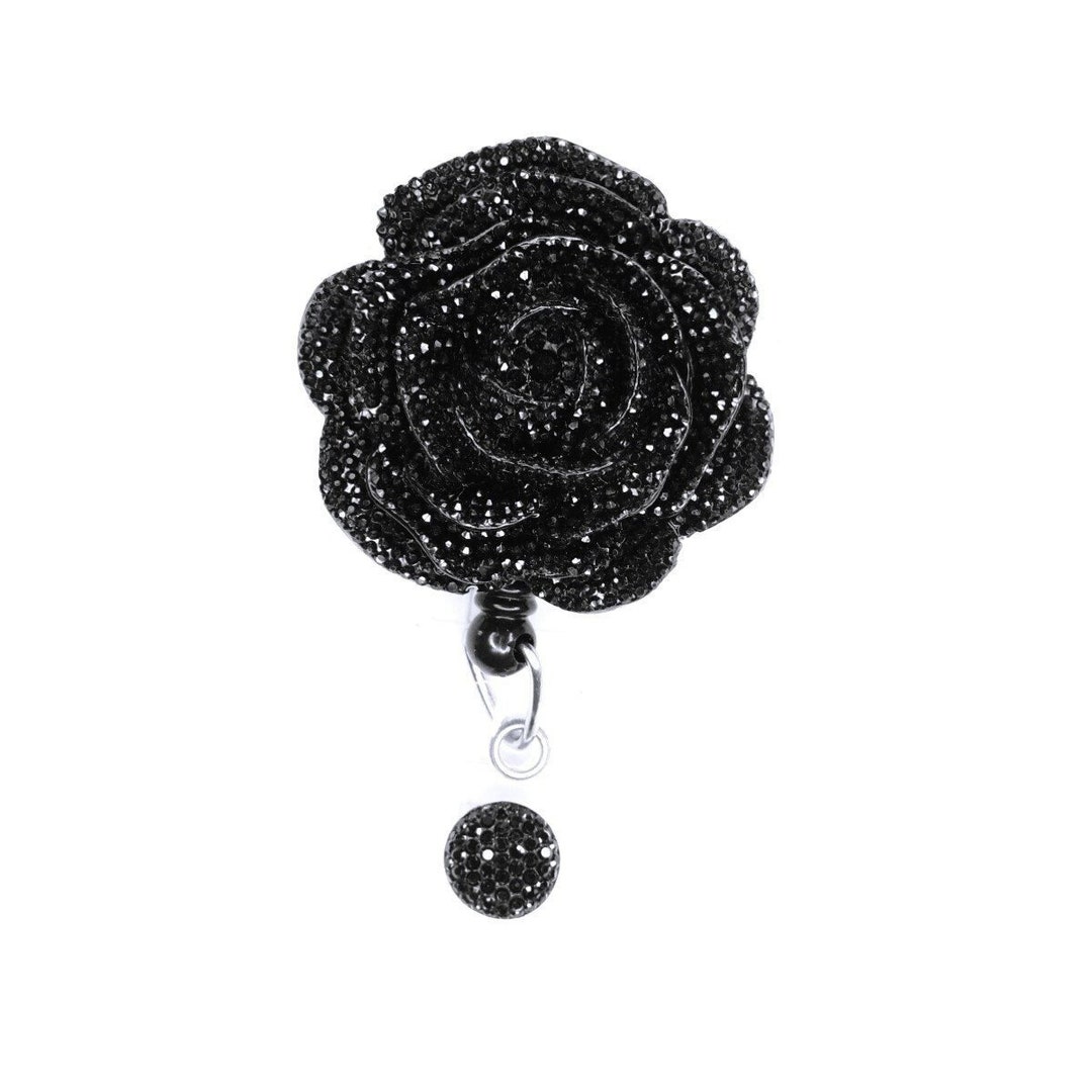 Black Rhinestone Rose Retractable Badge Reel ID Badge Holder - Etsy