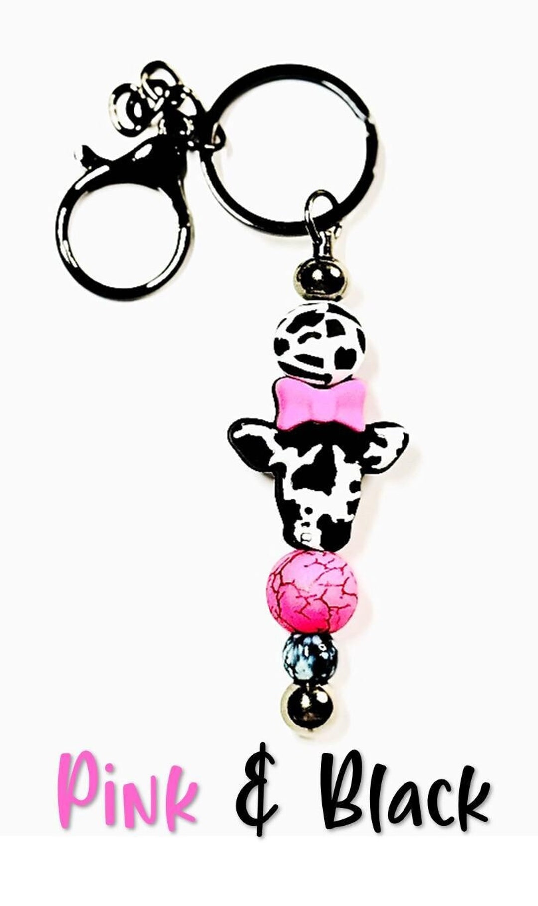 Beaded Cow Key Ring: Pink Bow, Western Purse Accent - Etsy