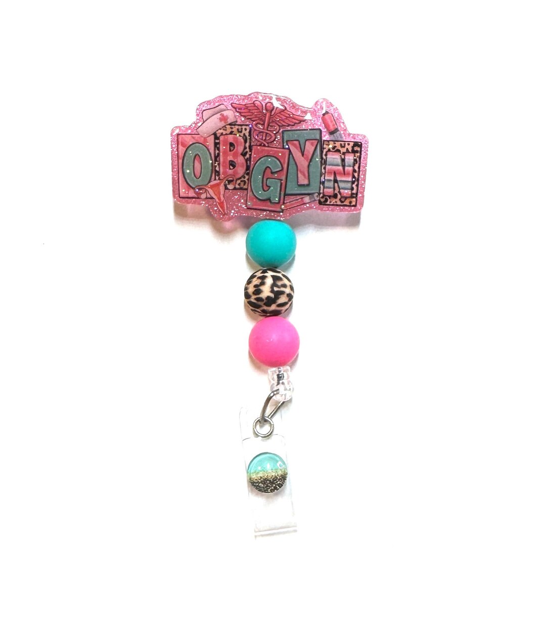 OBGYN Pink Glitter Acrylic Retractable Badge Reel – Leopard & Teal ...