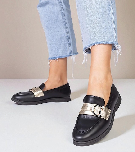New Women’s Black Faux Leather Slip On Loafers Gold Buckle Flats Stylish Smart Casual Shoes Sizes UK  3 4 5 6 7 8