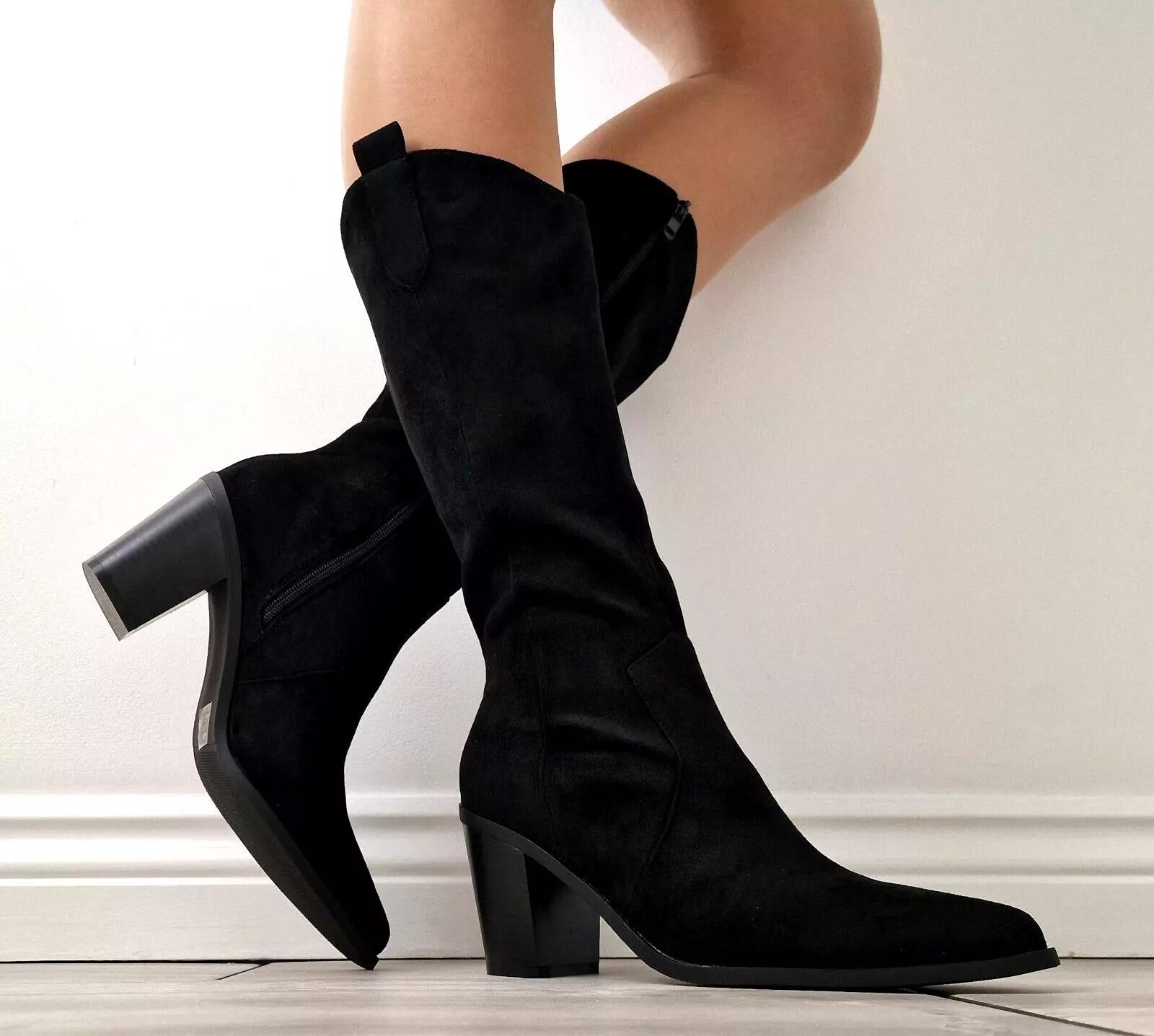 Blue Boots Faux Leather Minimal Pull On Western Cowboy Boots