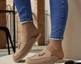 Beige Faux Suede Tassel Mules, Backless Loafers UK Sizes 3 4 5 6 7 8