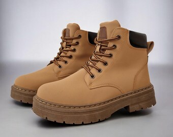 Ladies Tan Chunky Lace-Up Work Boots Platform Sole Faux Leather Unisex Style