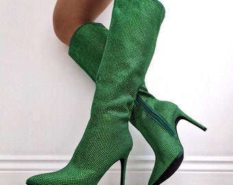 Womens Green Encrusted Long Knee High Stiletto Heel Ladies Calf Boots Booties Shoes Size 3-8