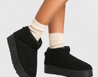 Womens Black Platform Ankle Boots Warm Fleece Lined Chunky Sole Borg Shoes