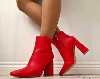 Womens Red Ankle Boots Block High Heel Zip Casual Biker Shoes PU Leather New Sizes UK 2.5 3 4 5 6 7