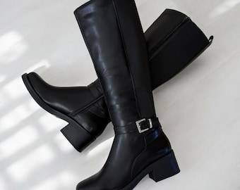 Ladies Black Knee High Boots Low Heel Buckle Detail Elastic Panel Stylish & Comfortable