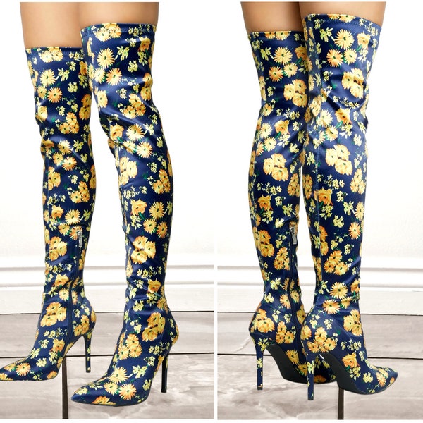 Ladies Navy Very High Heels Stretchy Thigh Long Socks Boots Over The Knee Club Shoes Sizes UK 3 4 5 6 7  8