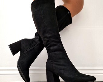 Womens Block Heel Square Toe Boots Ladies Zip Up Party Knee High Long Shoes Boots Booties Black Faux Suede Sizes UK 3-8