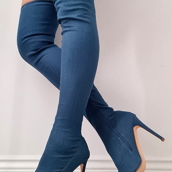 Women Blue Denim Long Stretch Over The Knee Boots Thigh High Heel Boots Lace Up Shoe Sizes UK 3-8