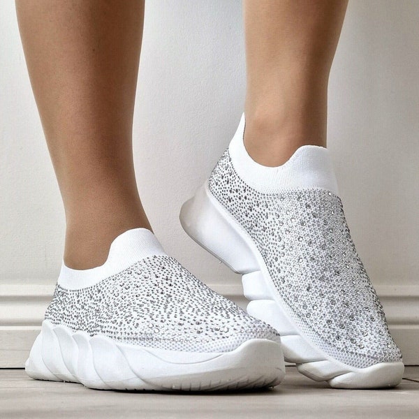 Women Slip On Trainers Breathable Chunky Sole Shoes Casual Sneakers Pumps White Encrusted Knit Material