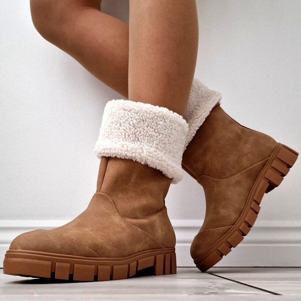 Womens Tan / Brown Ankle Boots Flat Low Heel Chelsea Ankle Mid Calf Faux Fur Trim Winter Shoes Boots Sizes UK 3-9