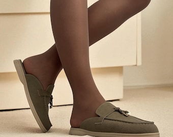 Olive Green Faux Suede Backless Loafers, Tassel Mules
