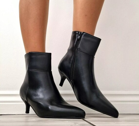 New Womens Ankle Boots Mid Kitten Heel Pointed Toe Booties Shoes Black PU Leather Size UK 7 Etsy UK