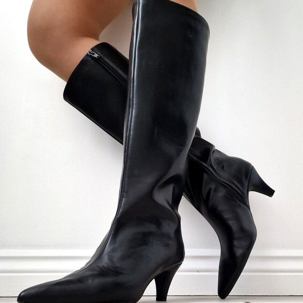 Womens Black PU Leather Fashion Pointy Toe Zip Up Pointed Knee Boots Kitten Mid Heels Long Shoes Sizes 3-9