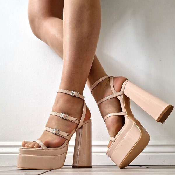 Womens Beige Strappy High Platform Sandals Peep Toe Ladies Cross Straps Block High Heel Shoes Sizes UK 3 4 5 6 7  8