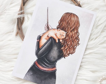 Illustration card A6 Hermione and Pattenrond