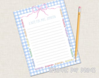 Note to Teacher | Printable | Blue Gingham | Crayon Border | Bow | Watercolor Printable Stationary for School | Teacher Letter | 001