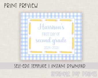 First Day of School Sign | Watercolor First Day of School Sign | Pencil Border | Printable & Editable | 014 | Blue Gingham