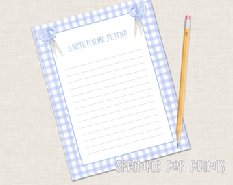 Note to Teacher | Printable | Blue Gingham | Scissors | Watercolor Printable Stationary for School | Teacher Letter | 003