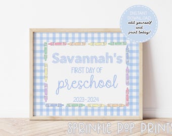 First Day of School Sign | Watercolor First Day of School Sign | Crayon Border | Printable & Editable | Blue Gingham | 002