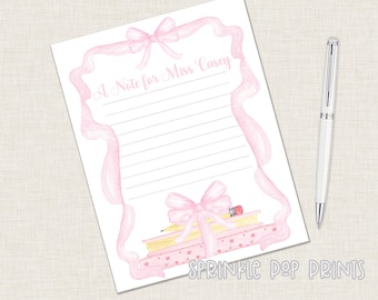 Note to Teacher | Printable | Pink Bow Frame | Book Stack | Watercolor Printable Stationary for School | Teacher Letter | 015