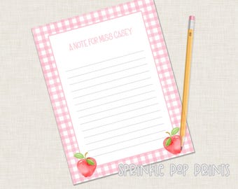 Note to Teacher | Printable | Pink Gingham | Red Apples | Watercolor Printable Stationary for School | Teacher Letter | 006