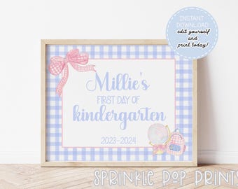 First Day of School Sign | Watercolor First Day of School Sign | Printable & Editable | Blue Gingham | 008