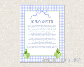 Ready Confetti First Day of School Sign | Blue Gingham | Green Apples | Watercolor First Day of School Instant Download | Printable | 007