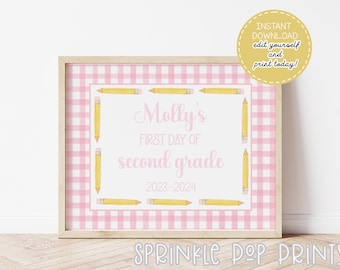 First Day of School Sign | Watercolor First Day of School Sign | Pencil Border | Printable & Editable | 005 | Pink Gingham - Yellow Pencils