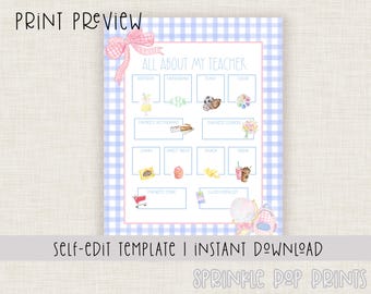 All About the Teacher Questionnaire | Printable | Watercolor Teacher Favorite Things | Back to School Survey | Instant Download | 008
