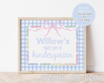 First Day of School Sign | Watercolor First Day of School Sign | Crayon Border and Bow | Printable & Editable | Blue Gingham | 001