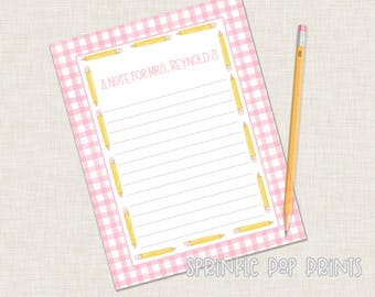 Note to Teacher | Printable | Pink Gingham | Pencil Border | Watercolor Printable Stationary for School | Teacher Letter | 005