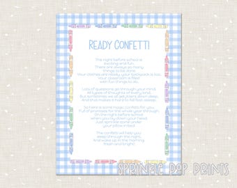 Ready Confetti First Day of School Sign | Blue Gingham | Crayon Border | Watercolor First Day of School Instant Download | Printable | 002