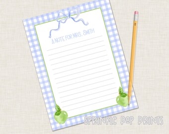 Note to Teacher | Printable | Blue Gingham | Green Apples | Watercolor Printable Stationary for School | Teacher Letter | 007