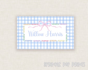 Back to School Name Labels  | Blue Gingham | Crayon Border | Bow | School Label | Sticker Tag | Custom Labels | Personalized Sticker | 001
