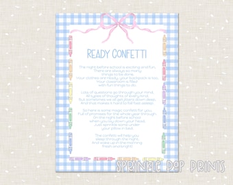Ready Confetti First Day of School Sign | Blue Gingham | Pastel Crayons | Watercolor First Day of School Instant Download | Printable | 001