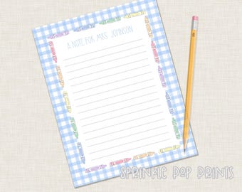Note to Teacher | Printable | Blue Gingham | Crayon Border | Watercolor Printable Stationary for School | Teacher Letter | 002