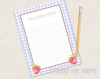 Note to Teacher | Printable | Blue Gingham | Red Apples | Watercolor Printable Stationary for School | Teacher Letter | 004