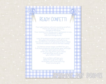 Ready Confetti First Day of School Sign | Blue Gingham | Scissors | Watercolor First Day of School Instant Download | Printable | 003