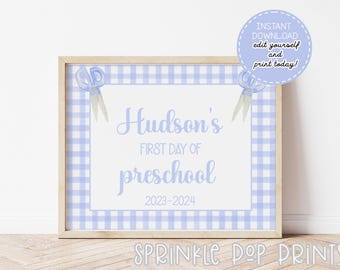First Day of School Sign | Watercolor First Day of School Sign | Printable & Editable | Blue Gingham | 003