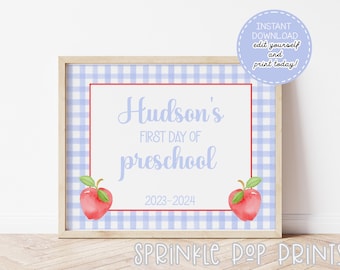 First Day of School Sign | Watercolor First Day of School Sign | Pencil Border | Printable & Editable | 004 | Blue Gingham - Red Apples