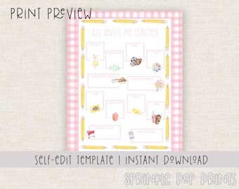 All About the Teacher Questionnaire | Printable | Watercolor Teacher Favorite Things | Back to School Survey | Instant Download | 005