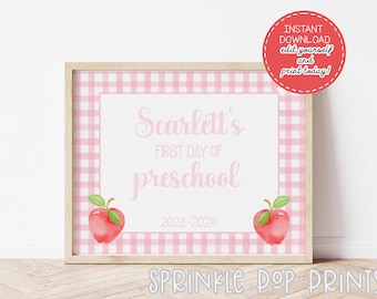 First Day of School Sign | Watercolor First Day of School Sign | Pencil Border | Printable & Editable | 006 | Pink Gingham - Red Apples