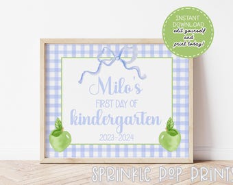 First Day of School Sign | Watercolor First Day of School Sign | Pencil Border | Printable & Editable | 007 | Blue Gingham - Green Apples