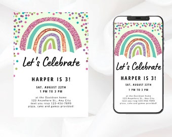 Rainbow Birthday Invitation Colorful Watercolor Ombre Pastel Invitation 1st 2nd 3rd etc Printable Editable Birthday Invitation